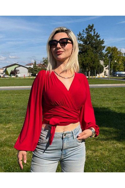 Harmony Fashion Kadın Kırmızı Belden Bağlamalı Bluz