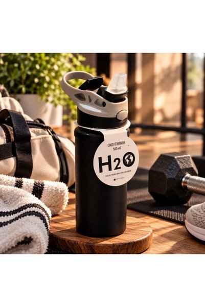 Nilove Concept Gift قارورة زجاجية سعة 500 مل من H2O - قارورة ماء سوداء مع مقب...