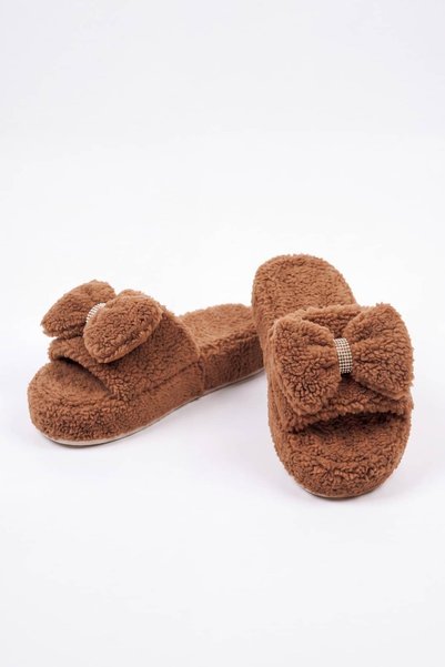 NAVİSHOES Brown Women's Ribbon Buckle Open Plush House Slippers 2028Nav