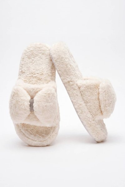 NAVİSHOES White Women's Ribbon Buckle Open Plush House Slippers 2028Nav