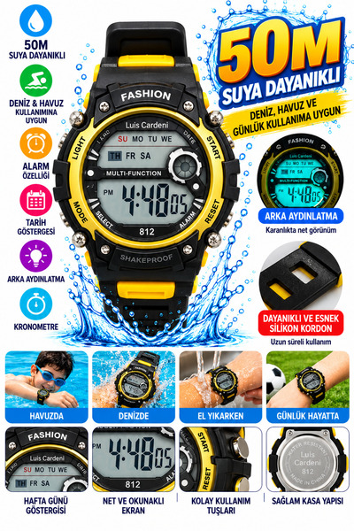 onlinekordon Dijital Çocuk Kol Saati 50M Water Resistant Suya Dayanıklı Deniz...