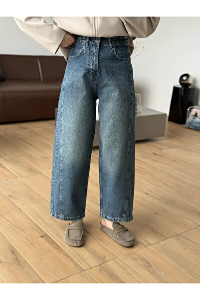 Hepsi Moda Normal Bel Barrel Jeans Pantolon - 545 - Lacivert