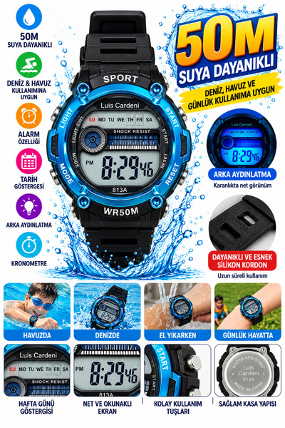 onlinekordon Dijital Çocuk Kol Saati 50M Water Resistant Suya Dayanıklı Deniz...