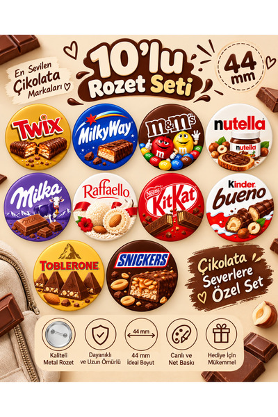 Tasarım Çikolata Temalı 10’lu Rozet Seti 44 mm – Twix Milky Way M&M’s Nutella...