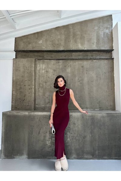 VIORA FASHION فستان تريكو بأكمام طويلة وياقة عالية