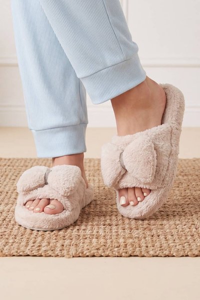 NAVİSHOES Beige Women's Open Plush House Slippers with Ribbon Buckle 2028Nav