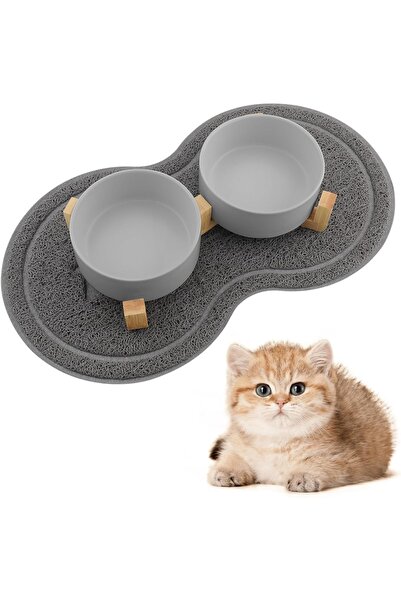 Type-C Set de 2 boluri ceramice pentru pisici și căței cu suport din lemn de ...