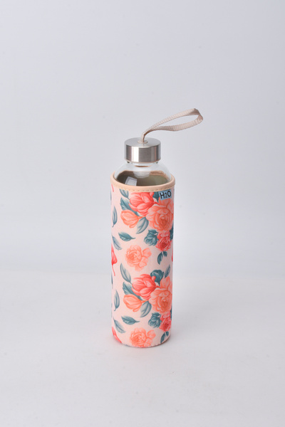H2O Rose Patterned Glass Water Bottle with Case 750 ml – Steel Lid with Carry...