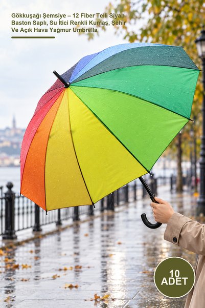 Yenilig 10 Adet Gökkuşağı Şemsiye – 12 Fiber Telli Siyah Baston Saplı, Su İti...