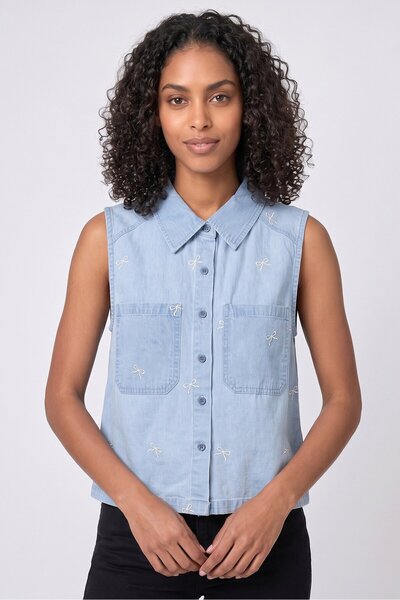 Tokyo Talkies Women Pointed Collar Sleeveless Embroidered Tank Top, Light Blue