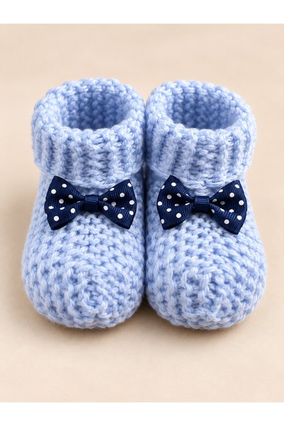 NEHOLİA 3 Months Old Baby Boy Booties Hand Knitted Light Blue Navy Blue Polka...