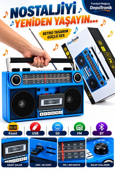 DepoTronik Nostalji Kaset Çalar Bluetooth Speaker Retro Tasarım Bass Hoparlör Radyo USB SD Kart Bluetooth