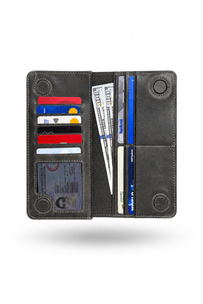 SANAT LEATHER Alba - Telefon Bölmeli Hakiki Deri Cüzdan - Mıknatıslı Ve El Bantlı, Unisex 18,5 cm x 9cm