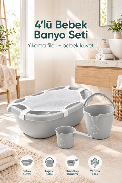 4'lü Set - 42 Litre Bebek Yıkama Banyo Küveti, Su Kovası, Maşrapa, Gri - File Hediyeli