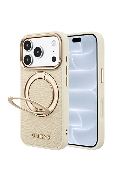 Guess Husa Grained Ring Stand 360 Classic Logo MagSafe, iPhone 17/18 Pro, Bej