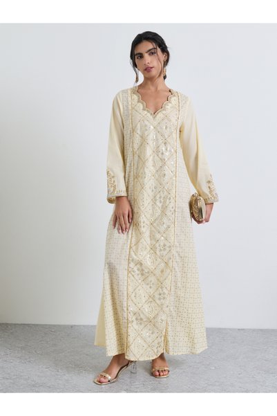 Amirah By Styli جلابية قطنية صفراء مطرزة