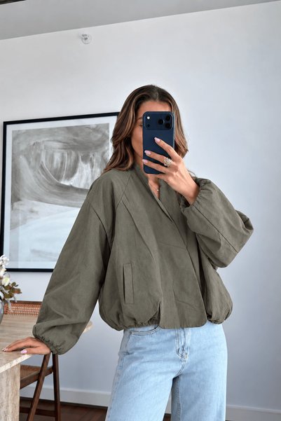 Hepsi Moda Double-Breasted Collar Balloon Sleeve Bomber Jacket - 20151 - Ligh...