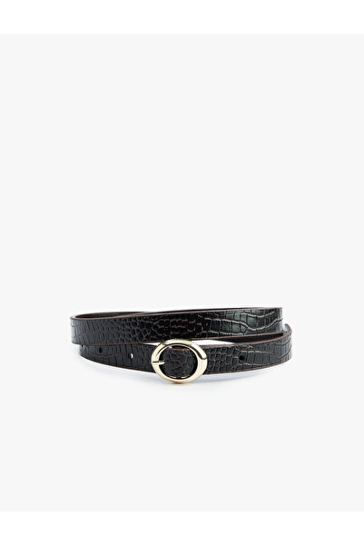 Koton Crocodile Look Faux Leather Thin Belt with Metal Buckle