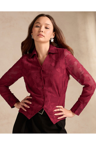 Outzidr By Styli Maroon Long Sleeve Jacquard Shirt