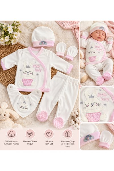 İrem Çocuk Giyim Baby Girl Rabbit Patterned Written Pink Color Boxed Five-Pie...