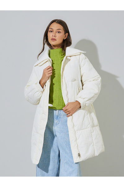 Styli White Solid Zip Knee-Length Puffer Coat