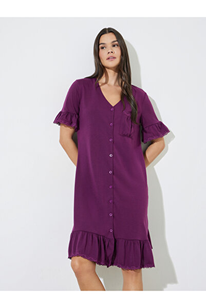 Styli Burgundy V Neck Lace Insert Ruffle Hem Nightshirt