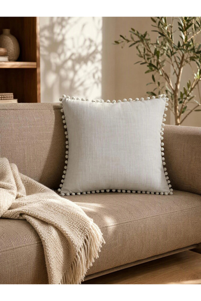 Styli غطاء وسادة قطني قطعة واحدة مع حواف مزينة بالبوم بوم 45×45 سم