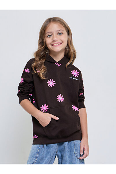 Styli Girls Brown Floral Print Cotton Hoodie