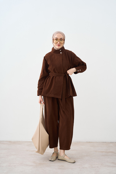 LOCCO Women's Suede Textured Elastic Waist Suit Brown