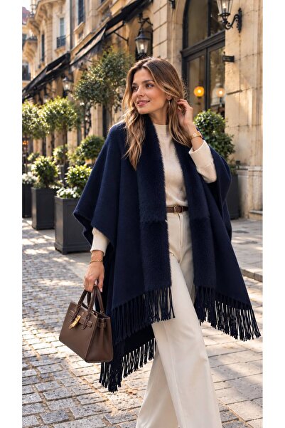 MARBERRY Navy Blue Premium Cashmere Plush Faux Fur Women's Poncho