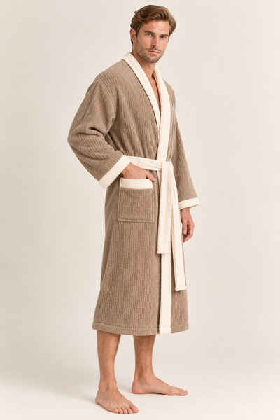 Ellaline Men's Kimono Bathrobe Set 100% Cotton Certified 2-Piece Striped Contrast Men's Bathrobe Set - Beige