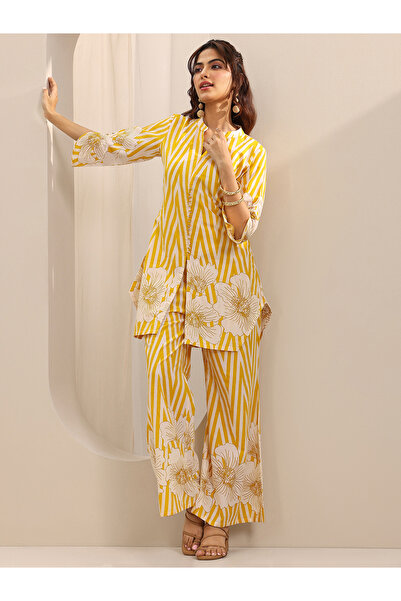Libas By Styli Yellow Floral and Striped Co-ord Set with Mandarin Collar