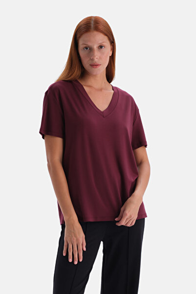 Dagi Tricou viscoză cu decolteu în V, roșu claret