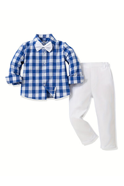 Take Two By Styli Boys Blue Checked Shirt and White Trousers Set with Bowtie