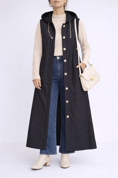 Hepsi Moda Long Hooded Quilted Vest - Black