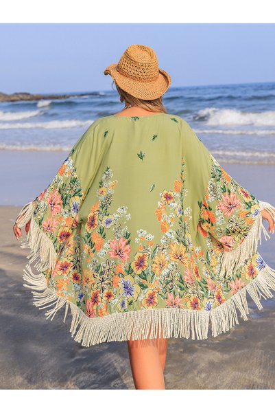 Take Two By Styli Plus Size Green Floral Kimono With Tassels