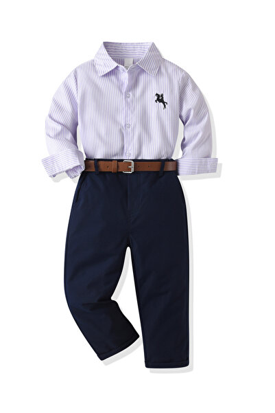 Take Two By Styli Boys Striped Long-Sleeve Shirt and Navy Trousers Set with Belt