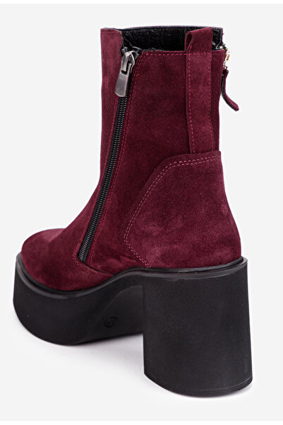Dasha Botine dama burgundy din piele intoarsa cu fermoar decorativ