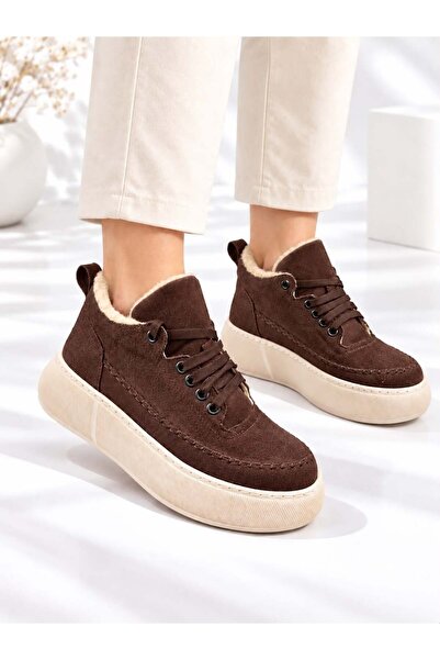 dabab shoes Nolen Women's Bitter Brown Lace-Up Luxury Suede Fur Inside 4 cm Thick Sole Sneaker Sports Shoes