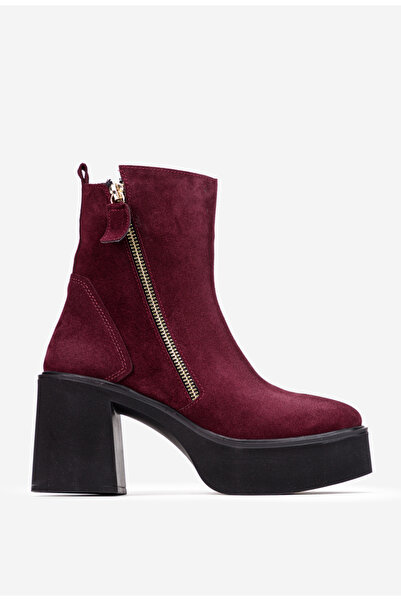 Dasha Botine dama burgundy din piele intoarsa cu fermoar decorativ