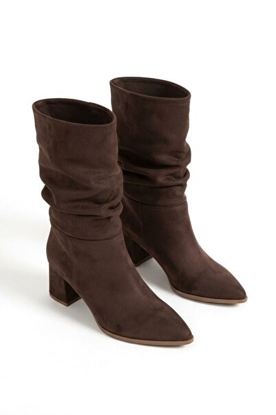 Zerenyus Zrne-C05 Exclusive Brown Suede Thick Heeled Bellows Boots 6 cm