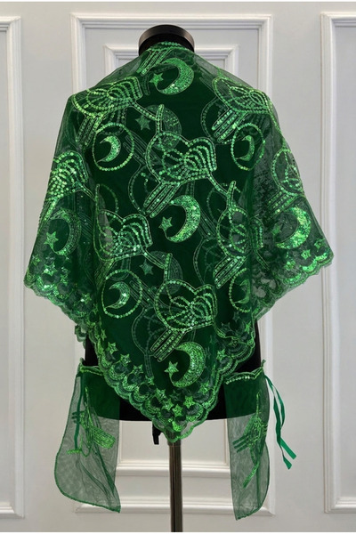 ZEYMERADE Green Shoulder Cover, Sequined Ottoman Monogrammed Moon Star Shawl,...