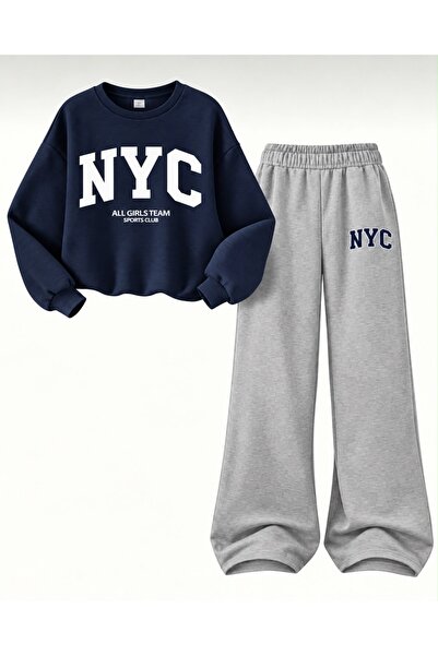 MORNİNG KİDS Kız Çocuk LACİVERT Nyc Baskılı Bisiklet Yaka Sweatshirt-Gri Bol ...