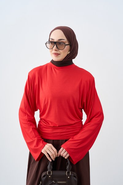 LOCCO Women's Crew Neck Bat Sleeve T-Shirt Red