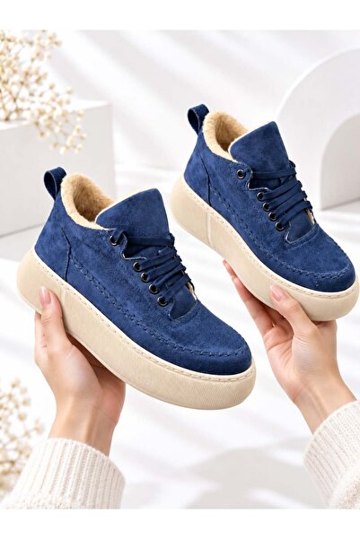 dabab shoes Nolen Women's Navy Blue Lace-Up Luxury Suede Fur Lined 4 cm Thick...