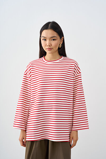 LOCCO Kadın Kontrast Çizgili Bisiklet Yaka Oversize Sweatshirt Kırmızı