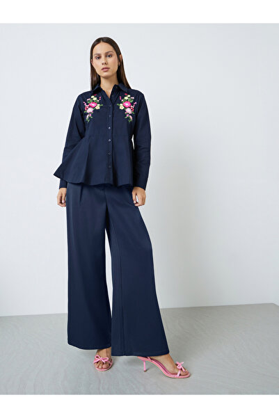 Styli Navy Blue Embroidered Floral Poplin Shirt