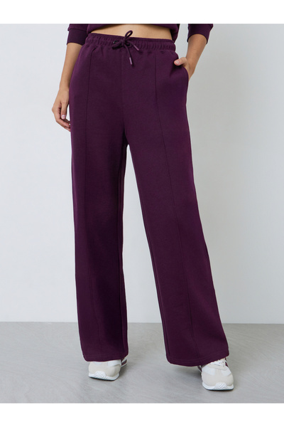 Styli Purple Wide Leg Fleece Joggers with Pintuck Detail