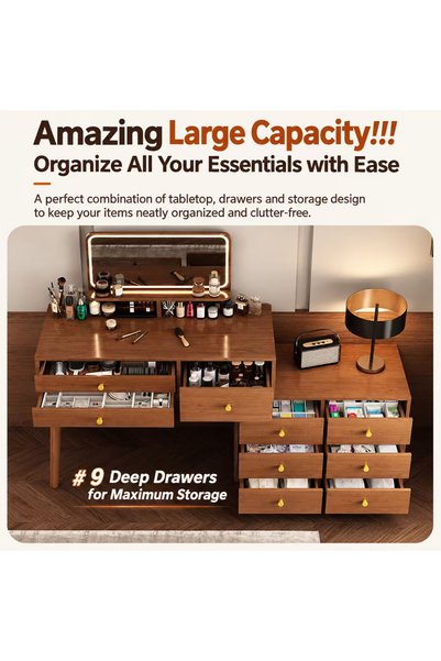 KEKE Extendable Vanity Desk with Side Cabinet, 9 Deep Drawers, Large Storage Capacity, Makeup Dressing Ta