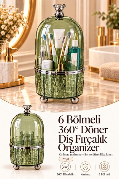Poomy 6 Bölmeli 360 Derece Döner Kapaklı Diş Fırçalık ve Banyo Organizeri Mak...